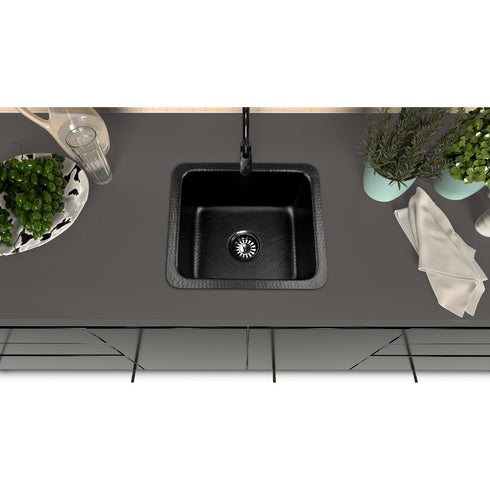 Hand Hammered 17 inch Highball Single Bowl Square Kitchen Sink - Matte Black